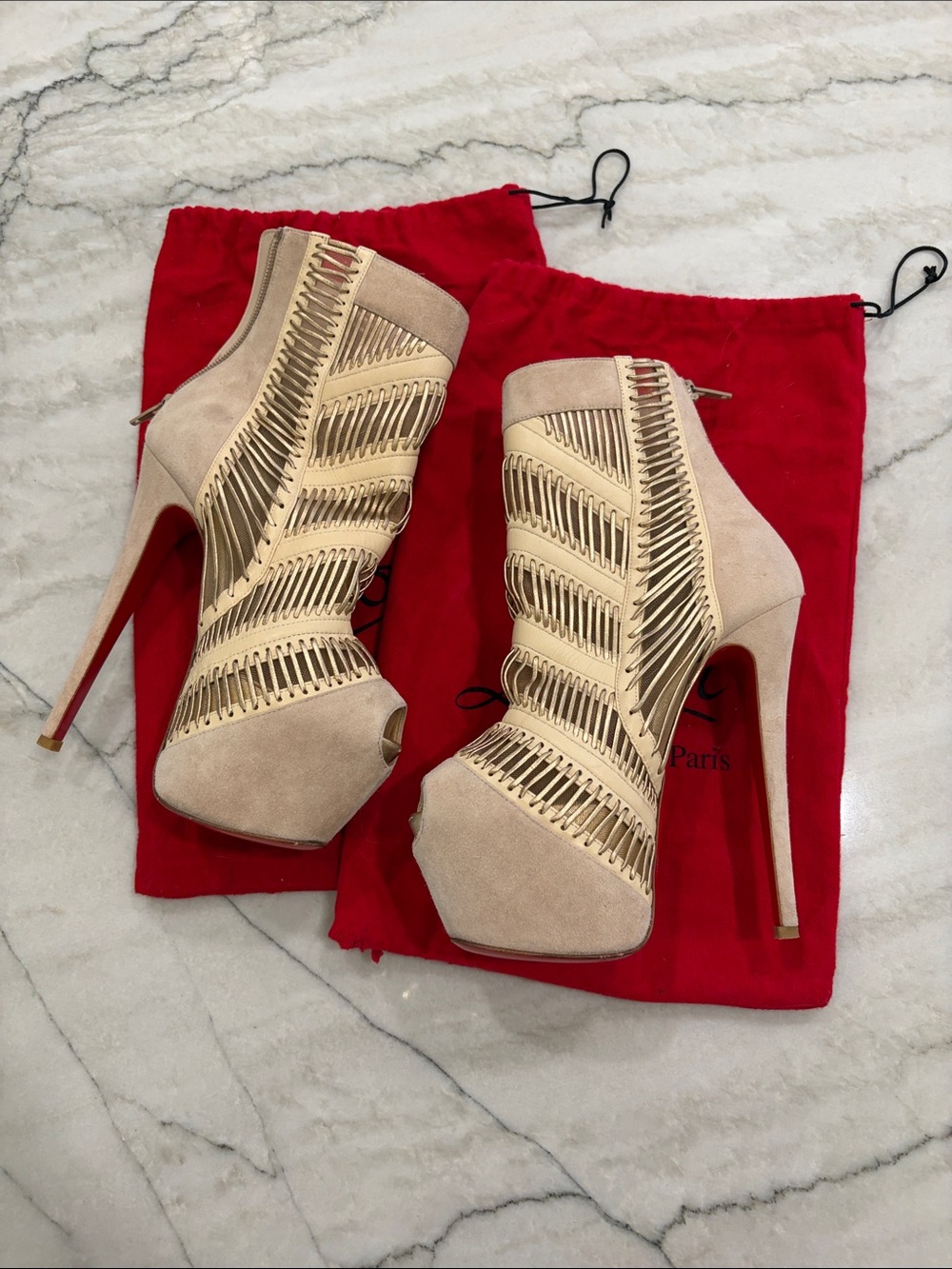 LOUBOUTIN RARE- Beige Suede Cutout Platform Booties SZ 36